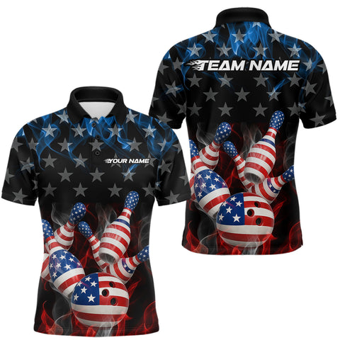 Maxcorners Custom Blue And Red Flame American Flag Patriotic Bowling Men Polo Shirts, Team Uniform TU1908