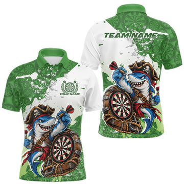 Maxcorners Custom Green Splatter Funny Shark Pirate Dart Team Men Polo Shirt, Dart Jersey LM1910
