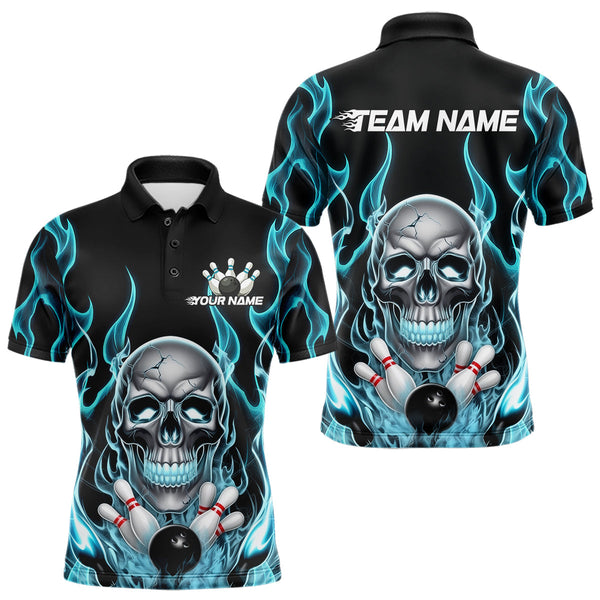 Maxcorners Custom Blue Fire Flame Skull Halloween Bowling Polo Shirts For Men, Halloween Bowling Team Outfit LM2509