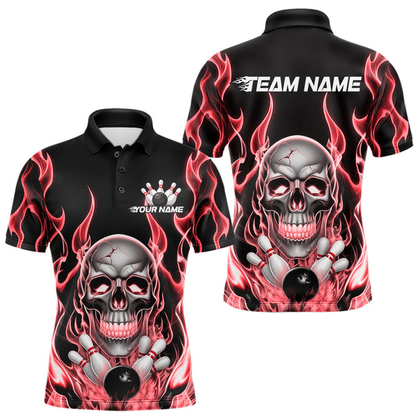 Maxcorners Custom Red Fire Flame Skull Halloween Bowling Polo Shirts For Men, Halloween Bowling Team Outfit LM2509