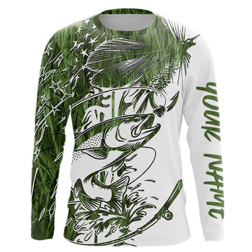 Maxcorners Custom Patriotic Trout Green Camo Fly Fishing Long Sleeve Shirts, US Flyfishing Shirt 
 LM0201