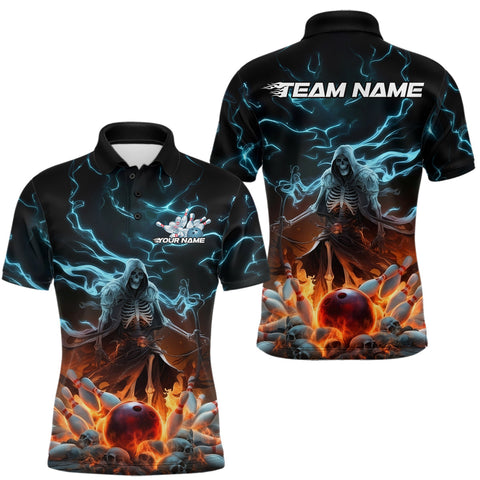Maxcorners Custom Blue Lightning Grim Reaper Bowling Men Polo Shirt, Flame Halloween Outfit MT2009