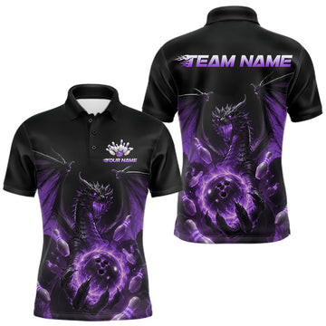 Maxcorners Custom Purple Dragon Flame Bowling Team Men Polo Shirt, Bowling League Shirt