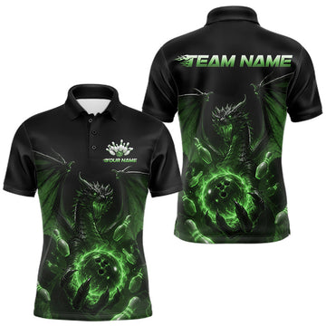 Maxcorners Custom Green Dragon Flame Bowling Team Men Polo Shirt, Bowling League Shirt LM2607