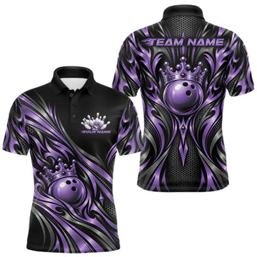 Maxcorners Custom Black And Purple Tribal Crown Bowling Men Polo Shirt, Bowling League Team Shirt LM2709