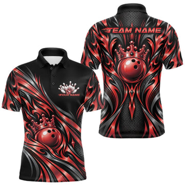 Maxcorners Custom Black And Red Tribal Crown Bowling Men Polo Shirt, Bowling League Team Shirt LM2709