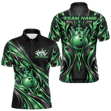 Maxcorners Custom Black And Green Tribal Crown Bowling Men Polo Shirt, Bowling League Team Shirt LM2709