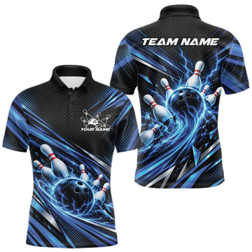 Maxcorners Custom Blue Lightning Bowling Team Men Polo Shirt, Bowling League Bowler Outfit LM2709