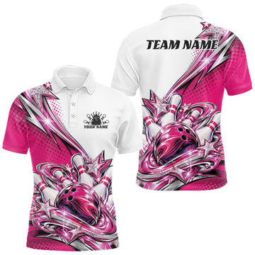 Maxcorners Custom Pink Glitter Star Bowling Men Polo, Bowling League And Tournament Shirt