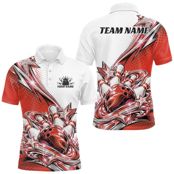 Maxcorners Custom Red Glitter Star Bowling Men Polo, Bowling League And Tournament Shirt