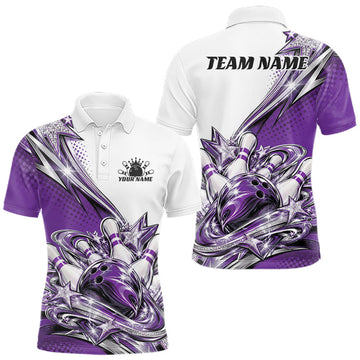 Maxcorners Custom Purple Glitter Star Bowling Men Polo, Bowling League And Tournament Shirt
