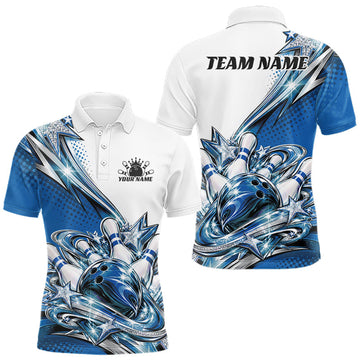 Maxcorners Custom Blue Glitter Star Bowling Men Polo, Bowling League And Tournament Shirt