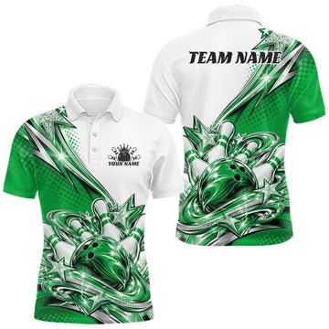 Maxcorners Custom Green Glitter Star Bowling Men Polo, Bowling League And Tournament Shirt