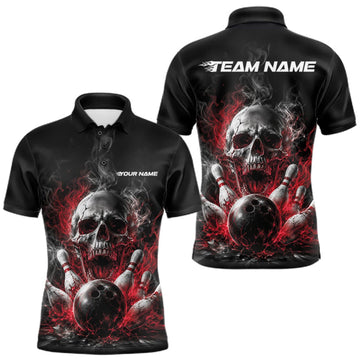 Maxcorners Custom Black And Red Smoke Flame Skull Bowling Men Polo Shirt, Halloween Outfit LM0409