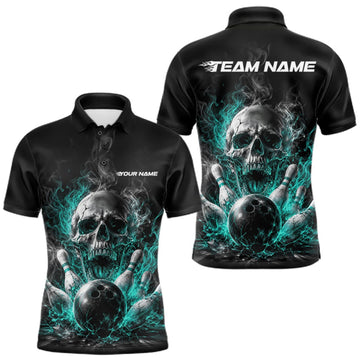 Maxcorners Custom Turquoise Blue Smoke Flame Skull Bowling Men Polo Shirt, Halloween Outfit LM0409