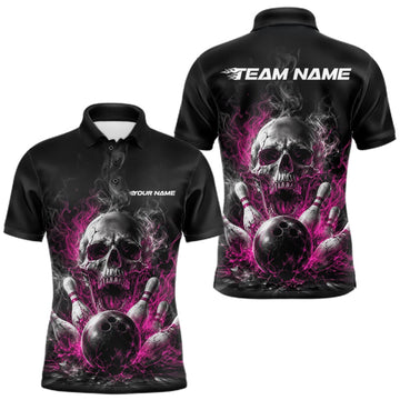 Maxcorners Custom Black And Pink Smoke Flame Skull Bowling Men Polo Shirt, Halloween Outfit LM0409