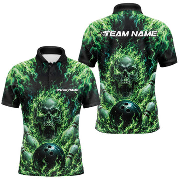 Maxcorners Custom Black And Green Fire Flame Skull Bowling Jersey, Halloween Bowling Men Polo Shirt LM0409