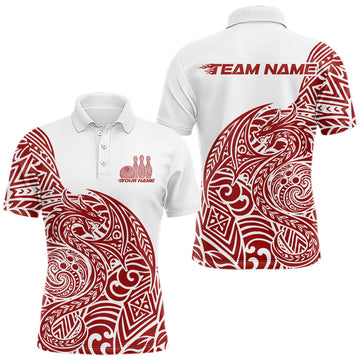 Maxcorners Custom Red And White Tribal Dragon Men Bowling Polo Shirt, Polynesian Bowling Shirt