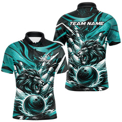 Maxcorners Custom Turquoise Blue Flame Bowling Ball Lion Bowling Jerseys, Lion Men Polo Bowling Shirt TU3012