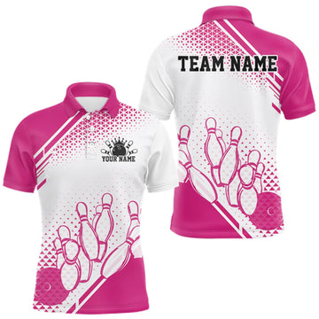 Maxcorners Custom White And Pink Geometric Classic Retro Bowling Team Men Polo Shirt LM0409