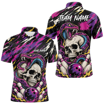 Maxcorners Custom Colorful Purple Snake And Skull Bowling Men Polo Shirt, Halloween Bowling Outfit LM0208