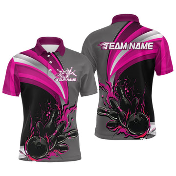 Maxcorners Custom Black, Pink And Gray Flame Bowling Polo Shirts For Men, Bowling Team League Shirt