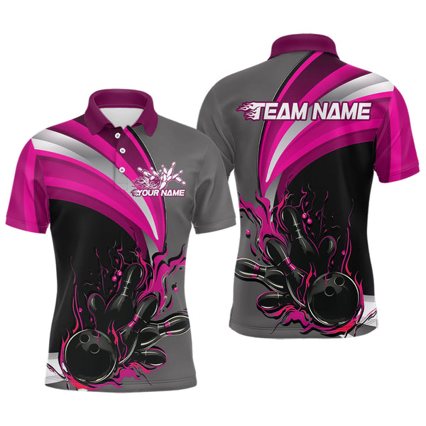 Maxcorners Custom Black, Pink And Gray Flame Bowling Polo Shirts For Men, Bowling Team League Shirt