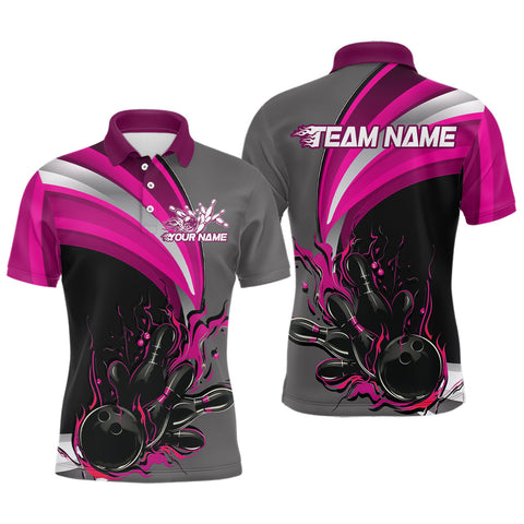 Maxcorners Custom Black, Pink And Gray Flame Bowling Polo Shirts For Men, Bowling Team League Shirt