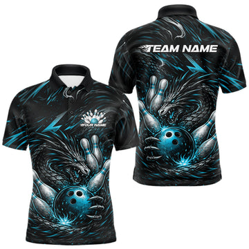 Maxcorners Custom Turquoise Blue Dragon Bowling Jerseys, Dragon Bowling Team Men Polo Shirt