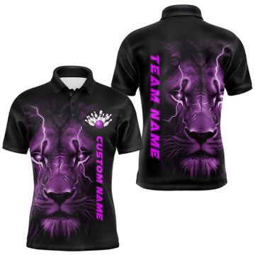 Maxcorners Custom Purple Thunder Lightning Lion Bowling Shirt For Men, Lion Bowling Team Jerseys LM0602