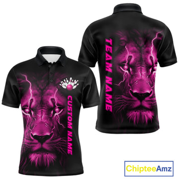 Maxcorners Custom Pink Thunder Lightning Lion Bowling Shirt For Men, Lion Bowling Team Jerseys LM0602