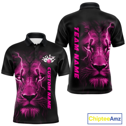 Maxcorners Custom Pink Thunder Lightning Lion Bowling Shirt For Men, Lion Bowling Team Jerseys LM0602