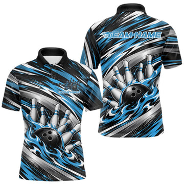 Maxcorners Custom Black And Blue Flame Bowling Shirt For Men, Bowling Team Jersey Polo Shirt LM0510