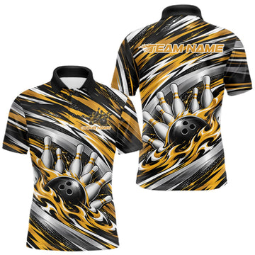 Maxcorners Custom Black And Gold Flame Bowling Shirt For Men, Bowling Team Jersey Polo Shirt LM0510