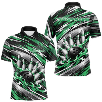 Maxcorners Custom Black And Green Flame Bowling Shirt For Men, Bowling Team Jersey Polo Shirt LM0510