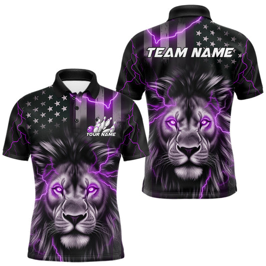 Maxcorners Custom Purple Thunder Lightning Patriotic Lion Polo Shirts For Men, US Flag Bowling Jerseys MT1706