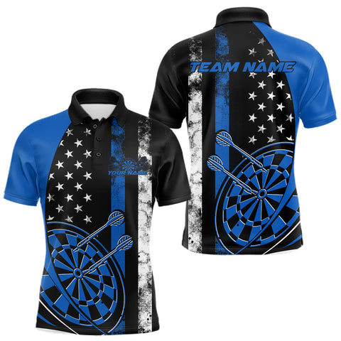 Maxcorners Custom Blue Thin Line US Flag Patriotic Dartboard Dart Men Polo Team Shirts, Dart Jerseys TU1208