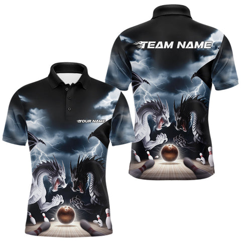 Maxcorners Custom Black And White Dragons Lightning Bowling Polo Shirts For Men, Bowling League Shirt TU0909