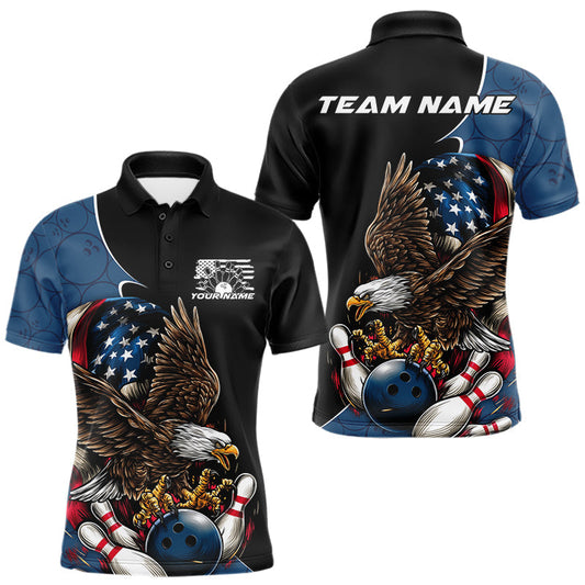 Maxcorners Custom American Flag Eagle Bowling Team Men Polo Shirts, Patriotic US Bowling League Shirt LM1203
