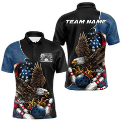 Maxcorners Custom American Flag Eagle Bowling Team Men Polo Shirts, Patriotic US Bowling League Shirt TU1407