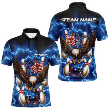 Maxcorners Patriotic Bowling Shirt For Men – Blue Lightning Eagle & US Flag Edition LM1203