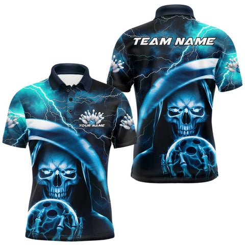 Maxcorners Custom Blue Thunder Lightning Grim Reaper Skull Halloween Bowling Polo Shirts For Men LM1809