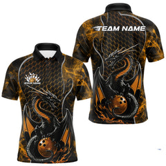 Maxcorners Custom Black And Gold Fire Flame Dragon Bowling Men Polo Shirt, Dragon Bowling Jersey LM1809