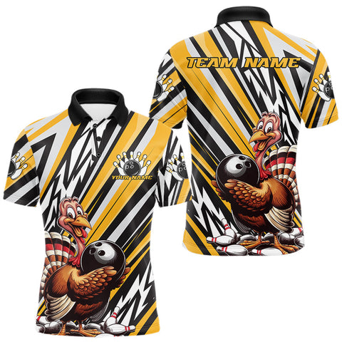 Maxcorners Custom Yellow Funny Thanksgiving Turkey Bowling Team Men Polo Shirts, Bowling Jerseys TU1908