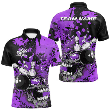 Maxcorners Custom Black And Purple Splatter Skull Bowling Team Men Polo Shirt, Halloween Outfit LM1203
