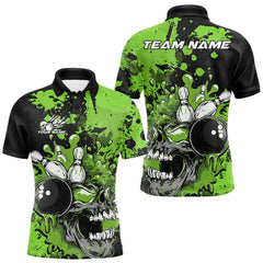 Maxcorners Custom Black And Green Splatter Skull Bowling Team Men Polo Shirt, Halloween Outfit TU1908