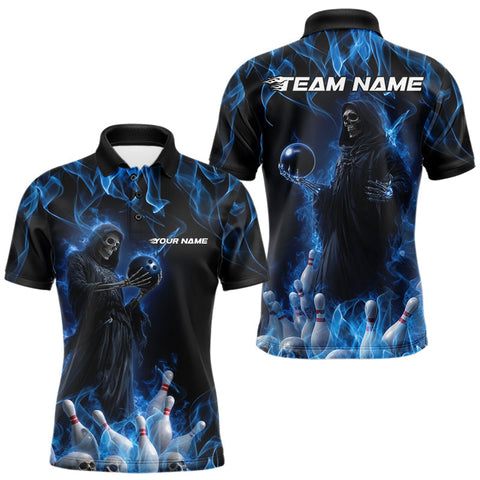 Maxcorners Custom Blue Flame Grim Reaper Bowling Polo Shirts For Men, Halloween Bowling Outfit TU1908