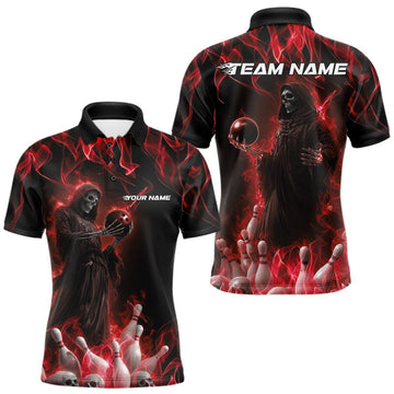 Maxcorners Custom Red Flame Grim Reaper Bowling Polo Shirts For Men, Halloween Bowling Outfit LM1203