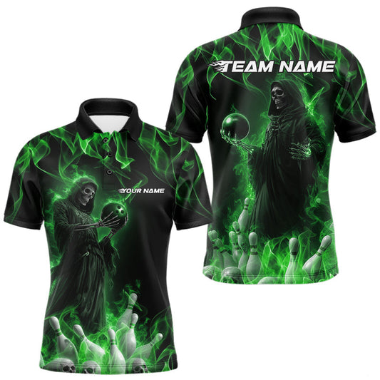 Maxcorners Custom Green Flame Grim Reaper Bowling Polo Shirts For Men, Halloween Bowling Outfit LM1203
