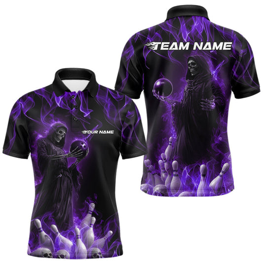 Maxcorners Custom Purple Flame Grim Reaper Bowling Polo Shirts For Men, Halloween Bowling Outfit LM1203